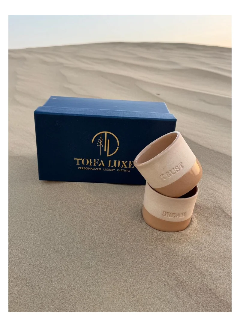 Tohfa Luxe Tohfa Luxe Dream & Trust Ceramic Cup Set (2 pcs) – English &   Arabic – Sand Color